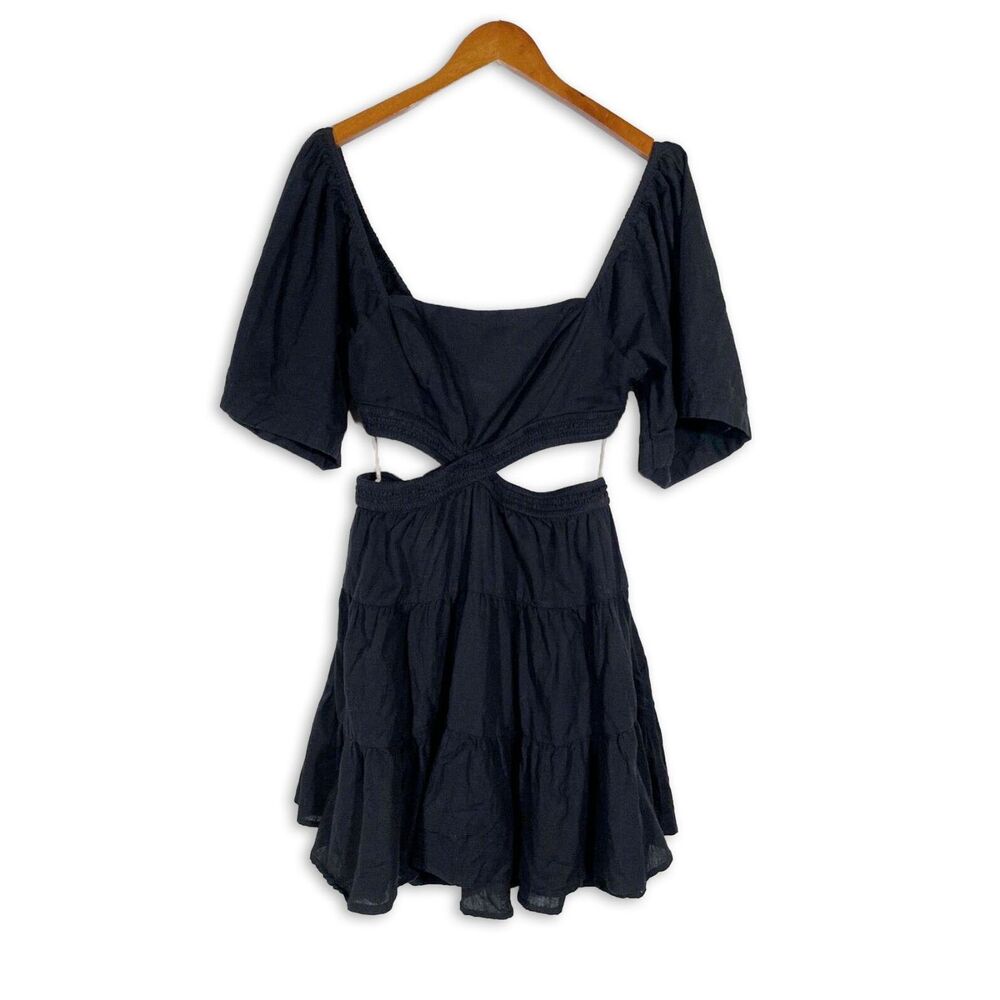 Free People Black Cutout Puff Sleeve Mini Dress Size Medium Witchy Boho Festival